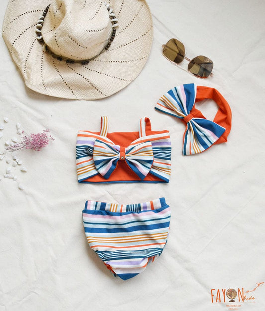 Blue Strips Print Top Bottom Swim Wear for Girls