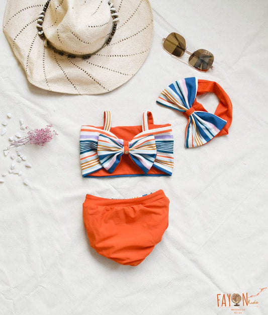Blue Strips Top and Orange Bottom Swim Wear for Girls