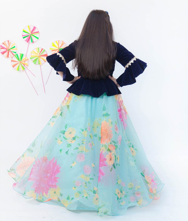 Blue Velvet Acqua Organza Printed Lehenga with Choli for Girls