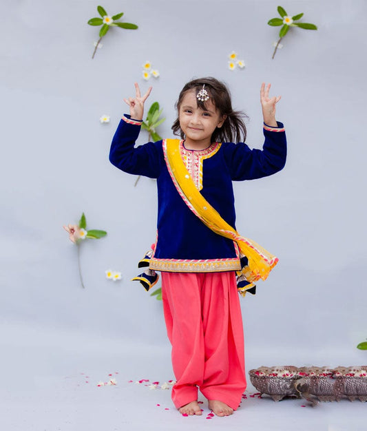 Fayon Kids Blue Velvet Coral Crape Salwar with Kurti Boti Net Dupatta for Girls