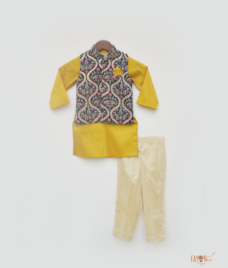 Blue Velvet Embroidery Nehru Jacket with Kurta Pant for Boys