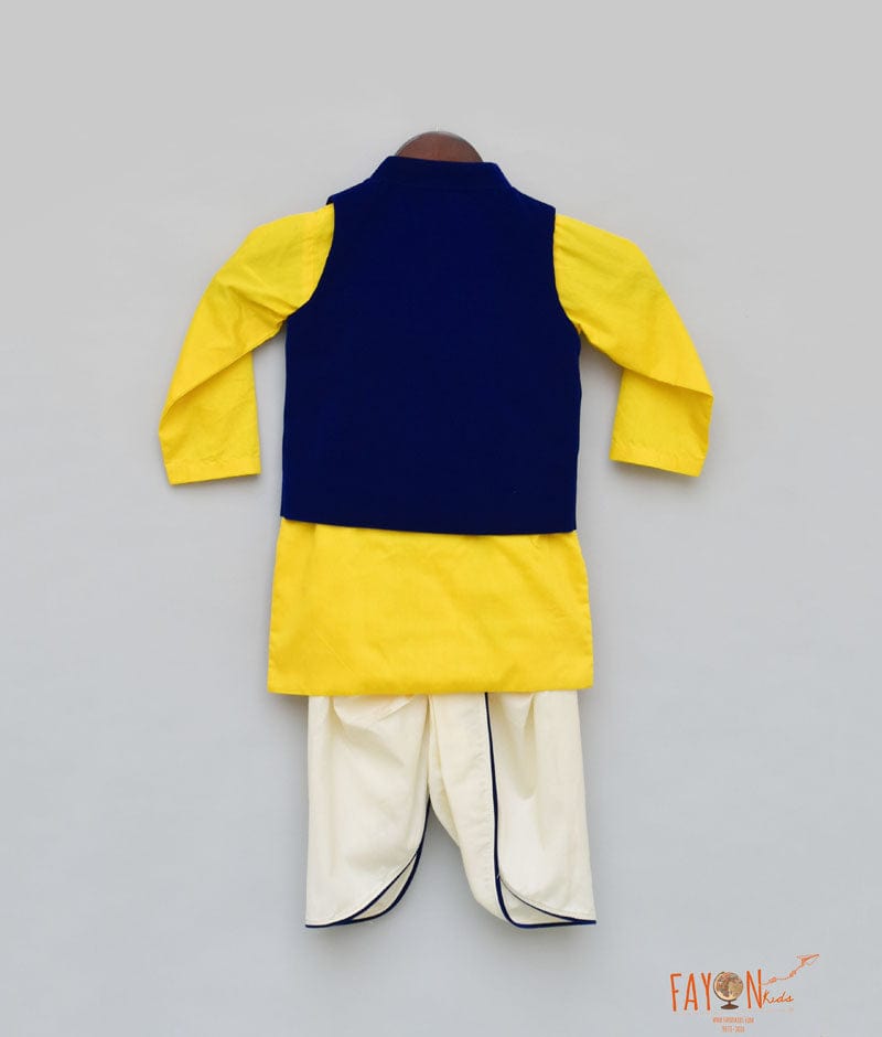 Blue Velvet Nehru Jacket with Yellow Kurta Dhoti for Boys