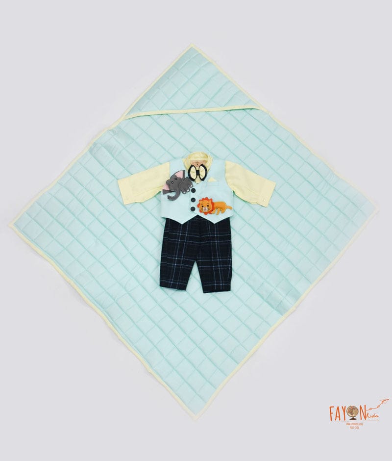 Blue Waist Coat Yellow Shirt Jamna Set with Check Pant for Boys