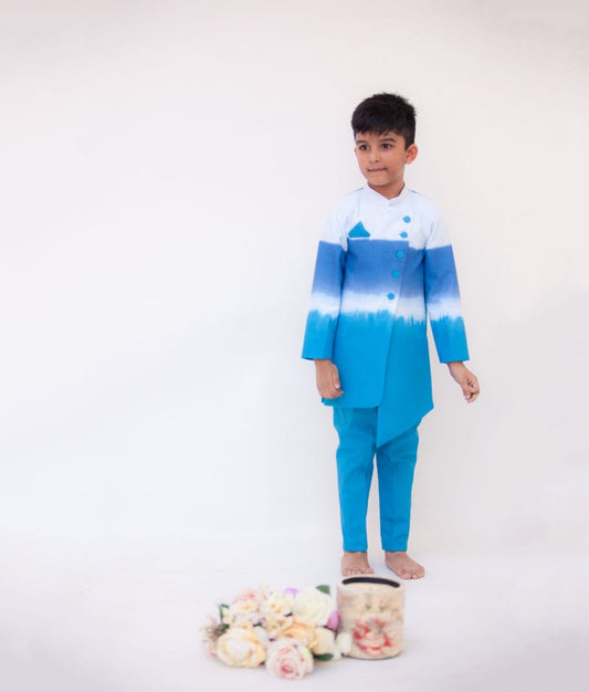 Blue White Shaded Achkan with Pant for Boys