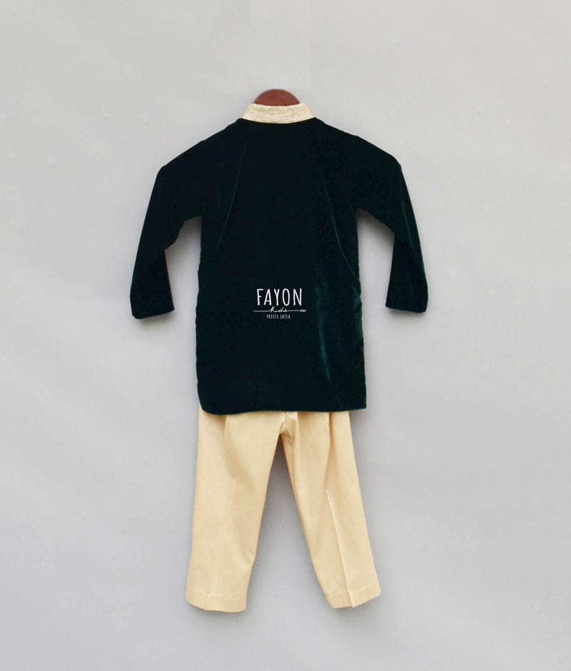 Bottle Green Velvet Achkan with Pant for Boys
