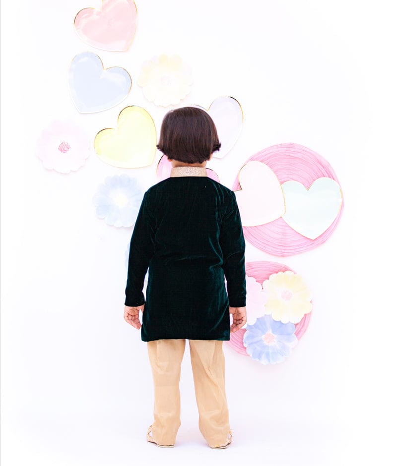Bottle Green Velvet Achkan with Pant for Boys