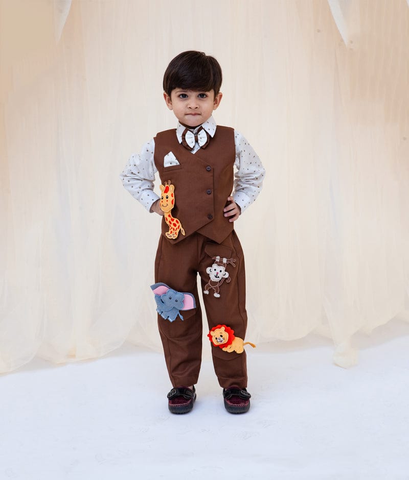 Brown Animals Motifs Waist Coat with Shirt Brown Pant for Boys