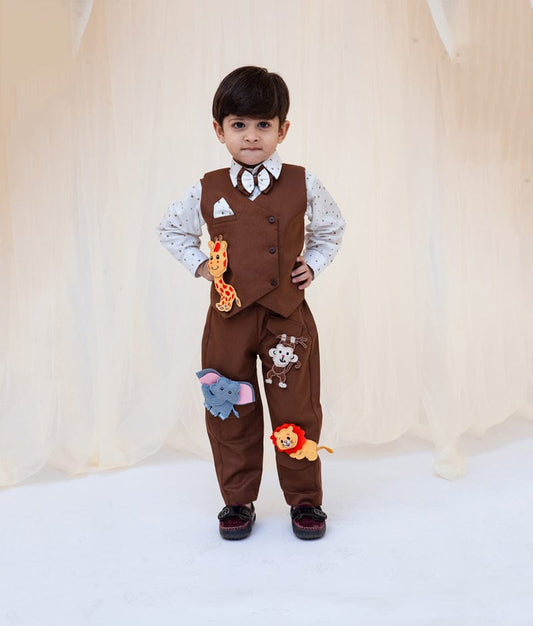 Brown Animals Motifs Waist Coat with Shirt Brown Pant for Boys