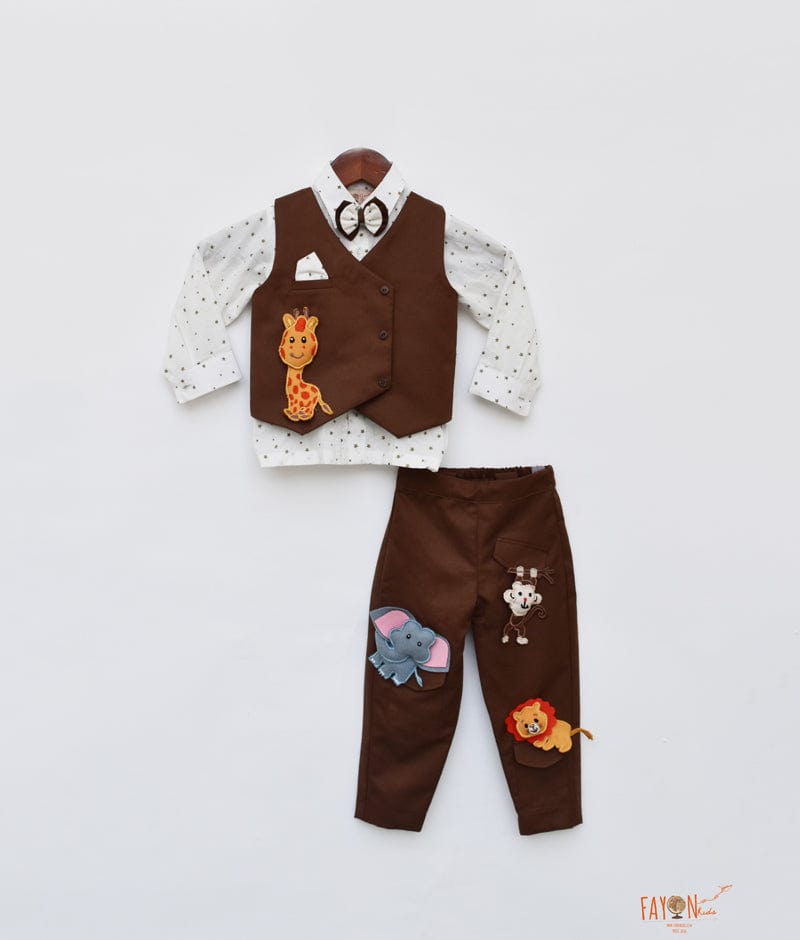 Brown Animals Motifs Waist Coat with Shirt Brown Pant for Boys
