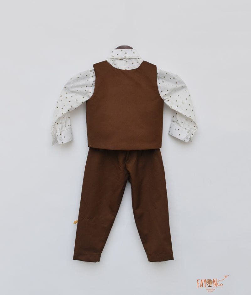 Brown Animals Motifs Waist Coat with Shirt Brown Pant for Boys