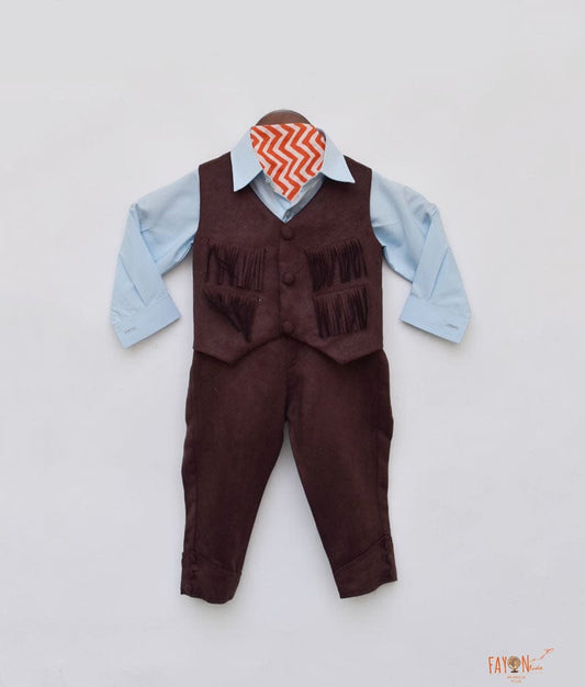 Brown Waist Coat with Blue Shirt Pant for Boys