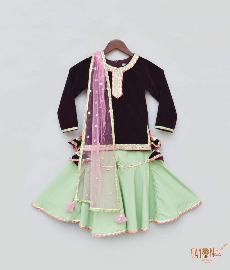 Burgundy Velvet Green Sharara with Kurti Boti Net Dupatta for Girls