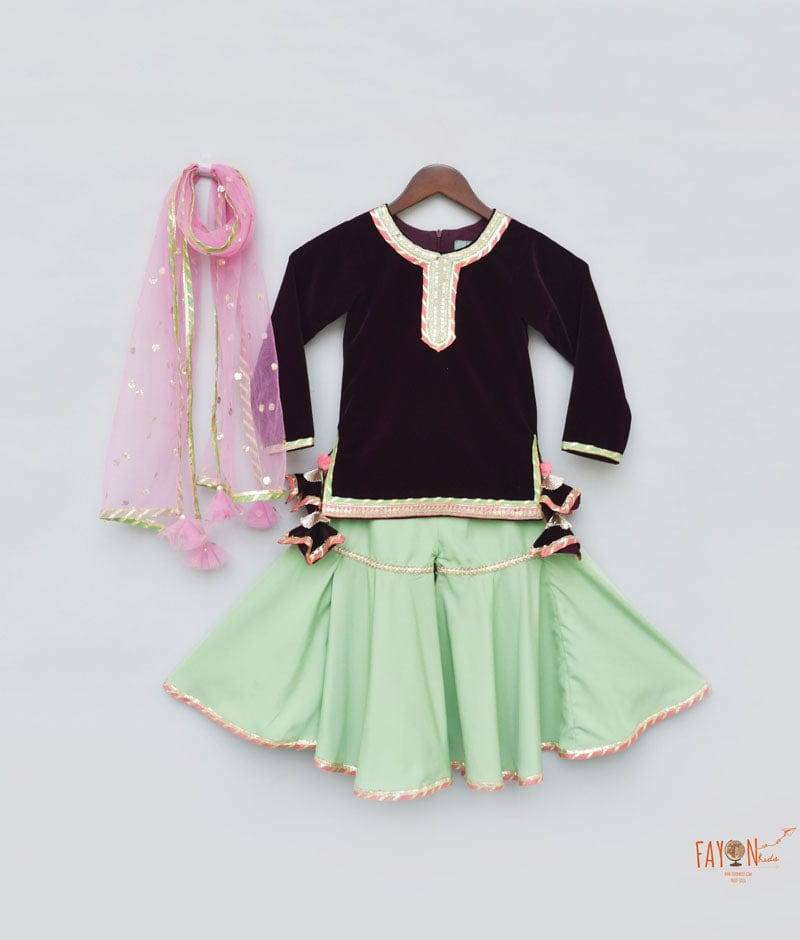 Burgundy Velvet Green Sharara with Kurti Boti Net Dupatta for Girls