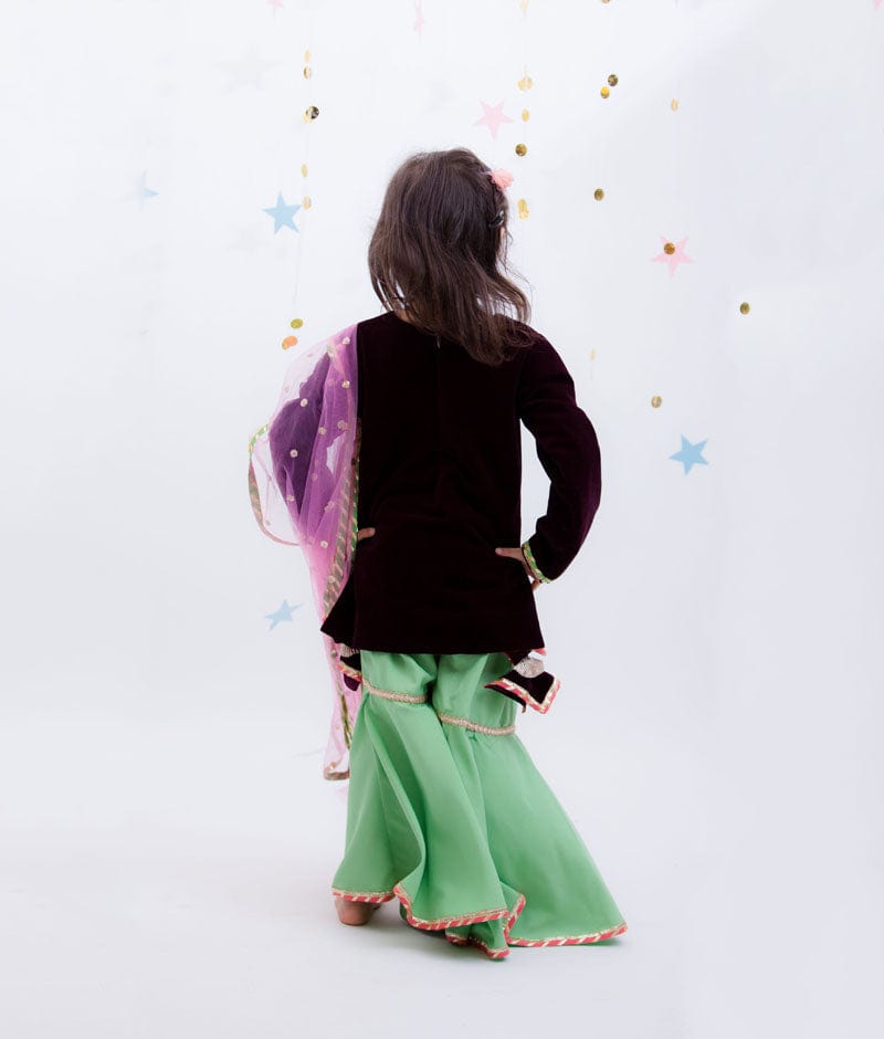 Burgundy Velvet Green Sharara with Kurti Boti Net Dupatta for Girls