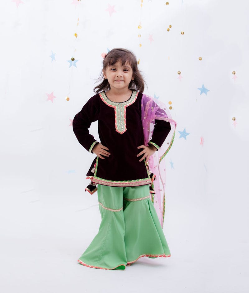 Burgundy Velvet Green Sharara with Kurti Boti Net Dupatta for Girls