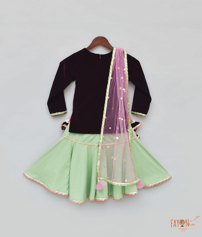 Burgundy Velvet Green Sharara with Kurti Boti Net Dupatta for Girls