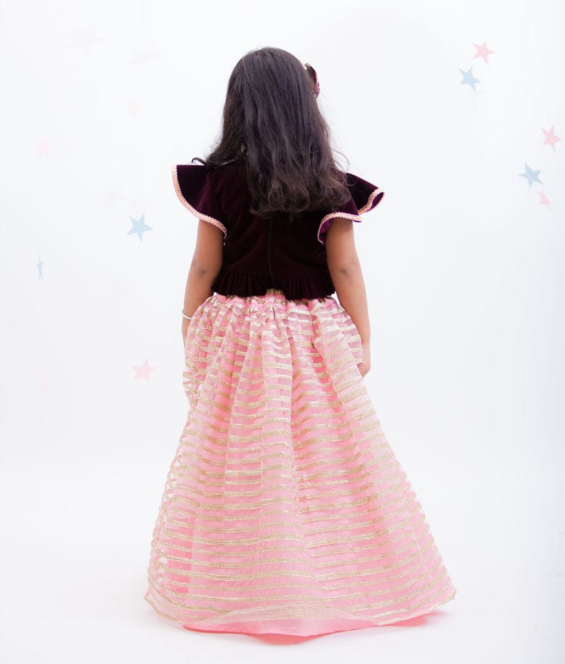 Burgundy Velvet Pink Gota Embroidery Lehenga with Top for Girls