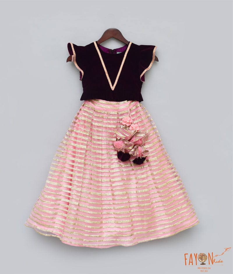 Burgundy Velvet Pink Gota Embroidery Lehenga with Top for Girls