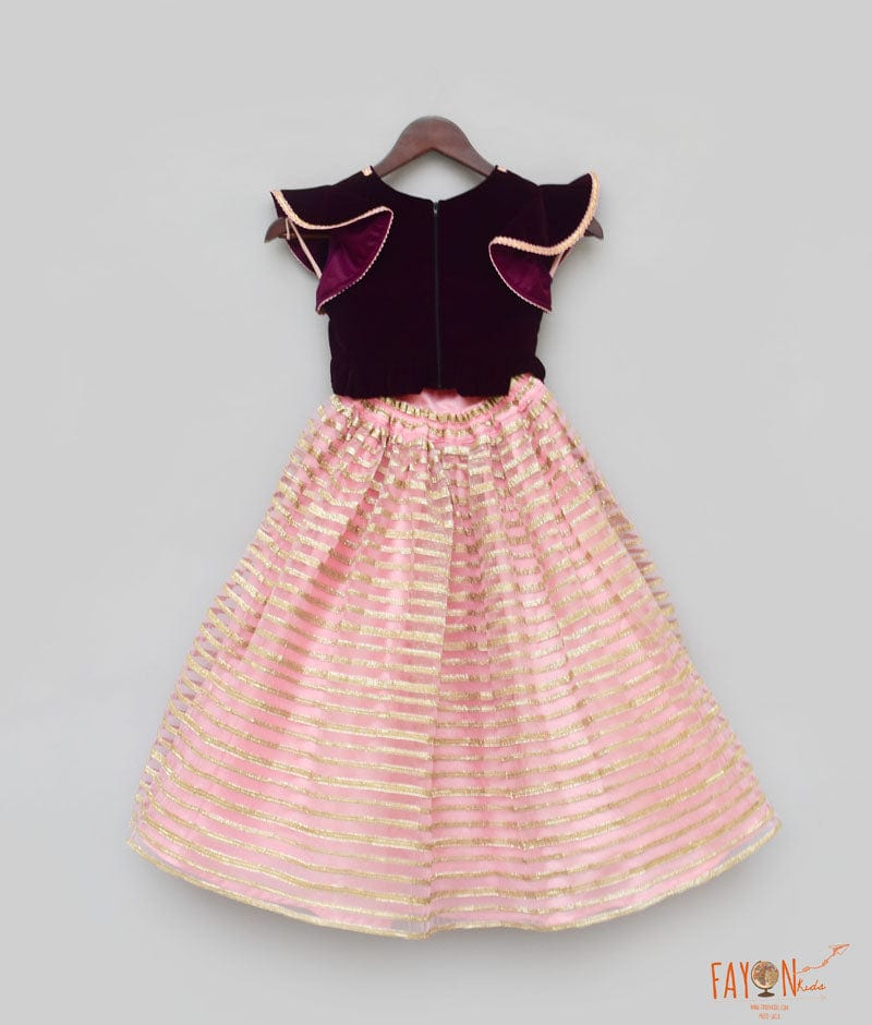 Burgundy Velvet Pink Gota Embroidery Lehenga with Top for Girls