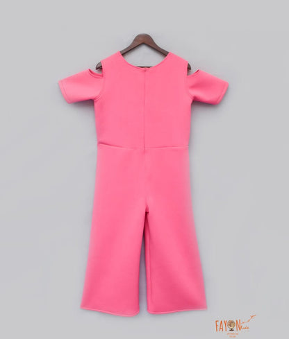 Fayon Kids Candy Pink Lycra Jumpsuit with 3D Flowers and Flamingo for Girls