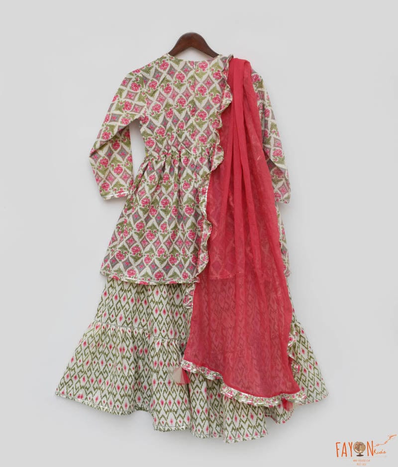 Coral Floral Print Kurti Sharara for Girls