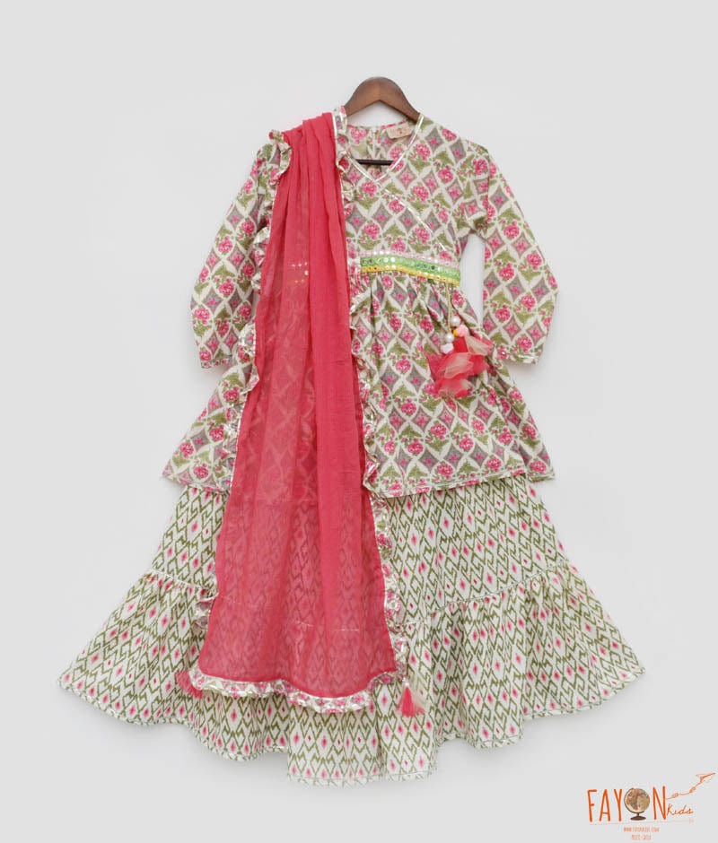 Coral Floral Print Kurti Sharara for Girls