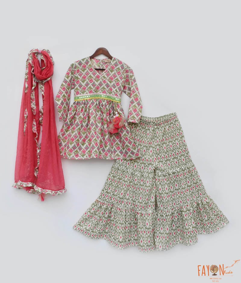 Coral Floral Print Kurti Sharara for Girls