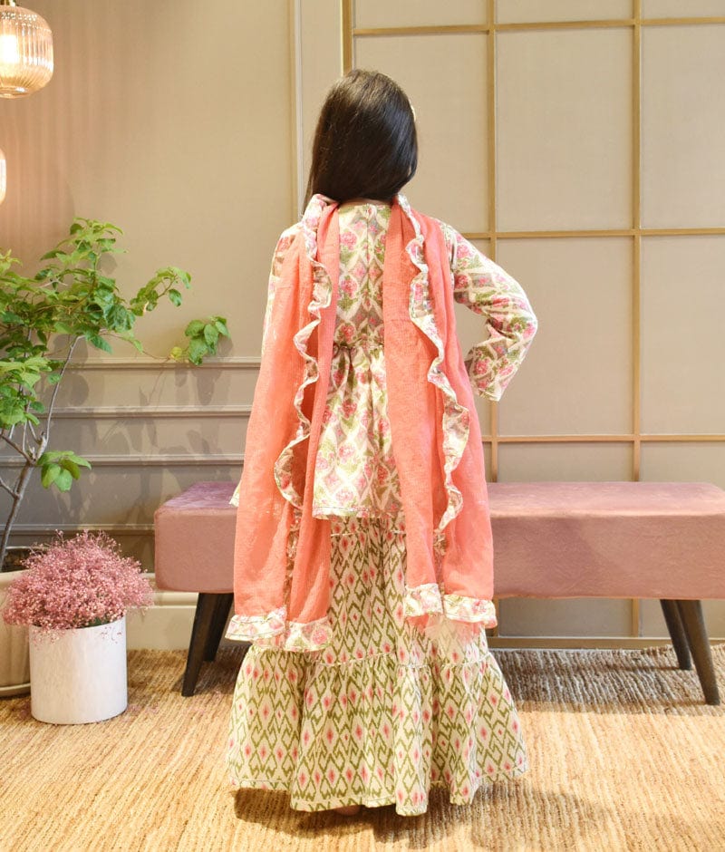 Coral Floral Print Kurti Sharara for Girls