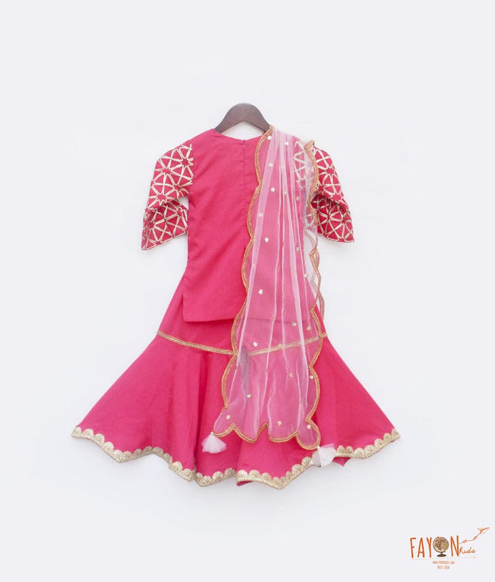 Coral Gota Embroidery Sharara with Kurti Boti Net Dupatta for Girls