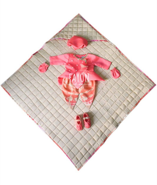 Coral Peplum Top Peach Tie and Die Dhoti Jamna Set for Girls