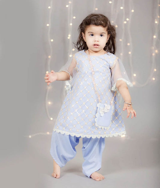 Cornflower Blue Embroidery Dhoti Set for Girls