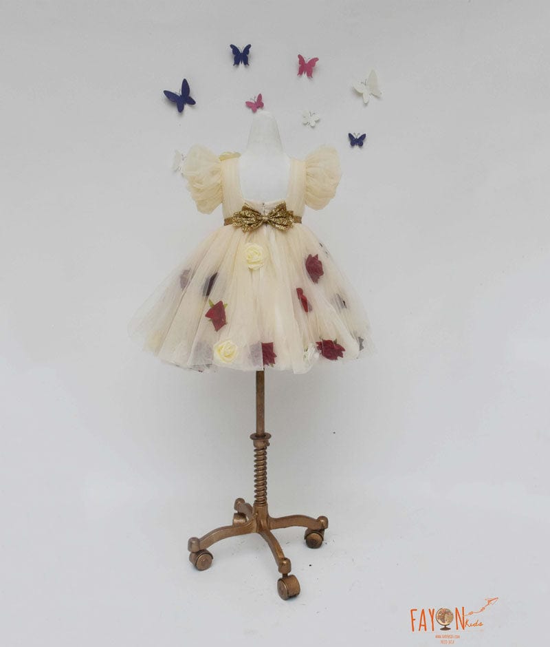 Cream Flower Net Dress for Girls
