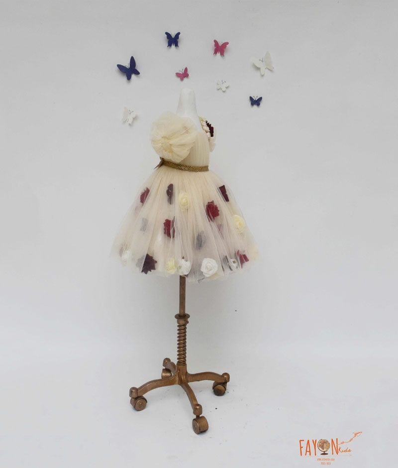 Cream Flower Net Dress for Girls
