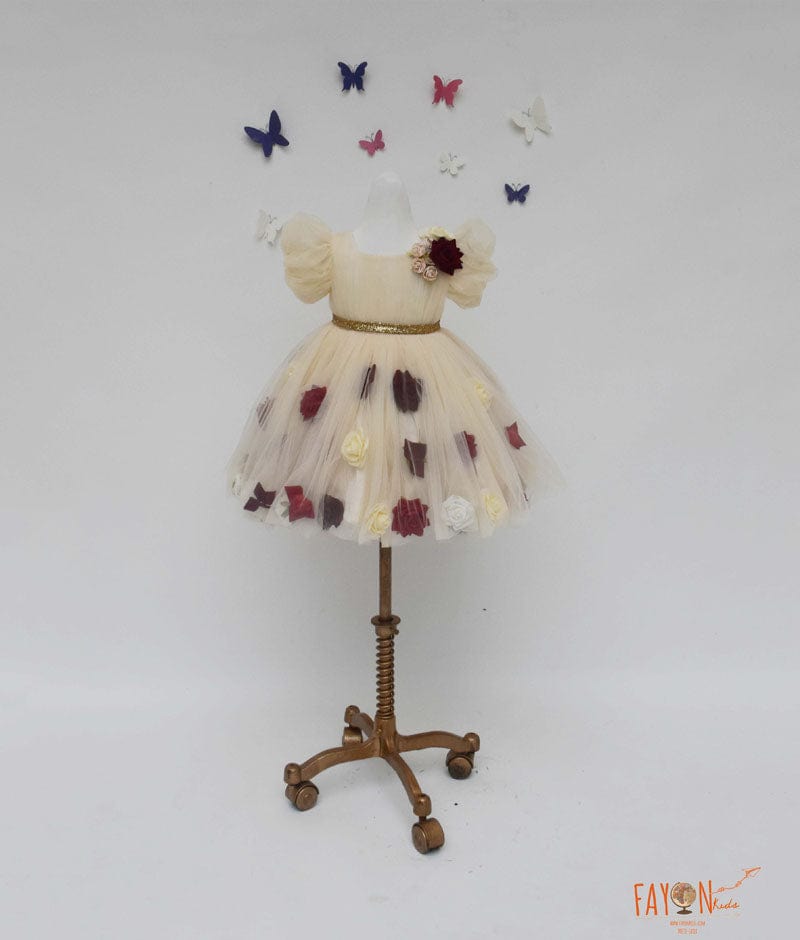 Cream Flower Net Dress for Girls