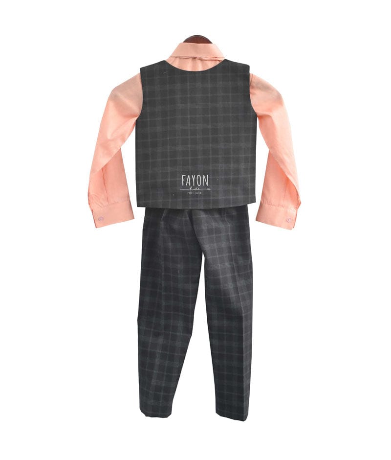 Dark Blue Check Waist Coat Set with Peach Shirt Pant for Boys