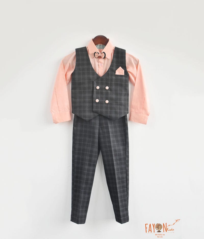 Dark Blue Check Waist Coat Set with Peach Shirt Pant for Boys