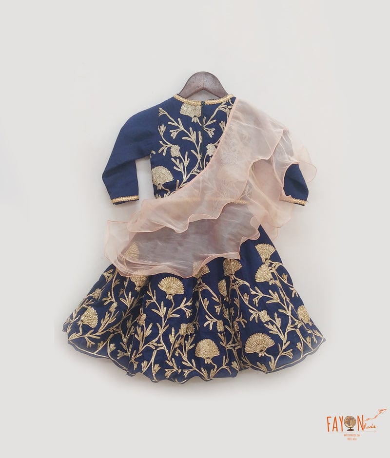 Dark Blue Gota Embroidery Lehenga with Choli Organza Dupatta for Girls