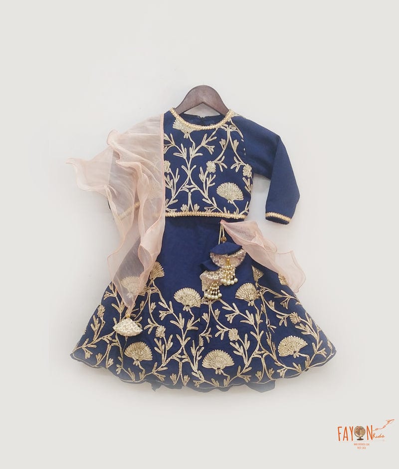 Dark Blue Gota Embroidery Lehenga with Choli Organza Dupatta for Girls