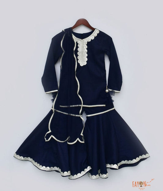 Dark Blue Silk Sharara with Kurti Net Dupatta for Girls