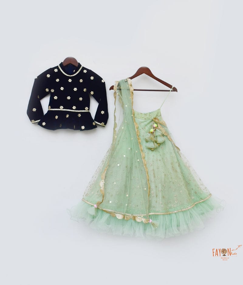 Dark Blue Velvet Green Glitter Net Lehenga with Choli Boti Net Dupatta for Girls