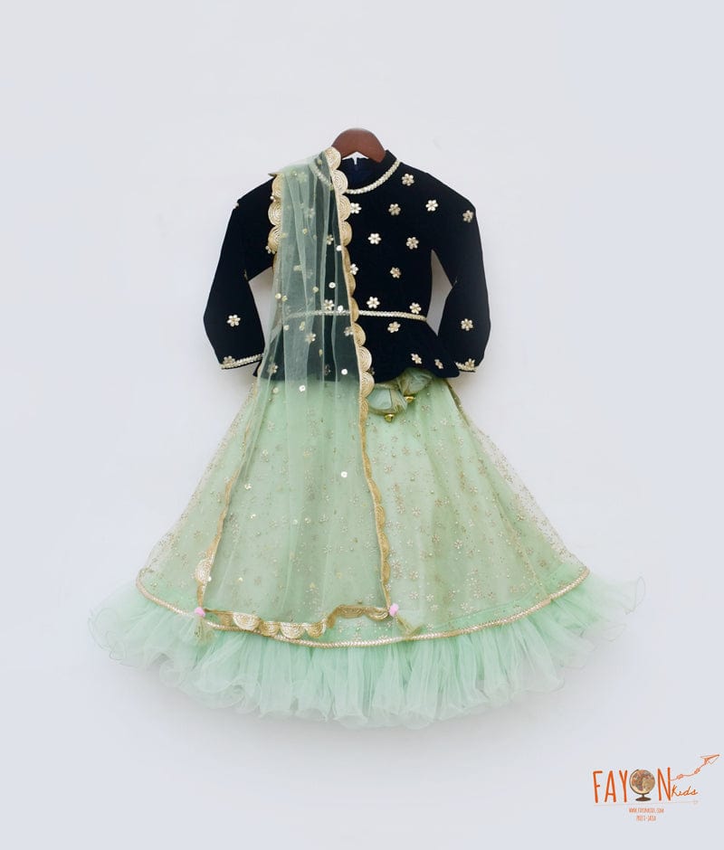 Dark Blue Velvet Green Glitter Net Lehenga with Choli Boti Net Dupatta for Girls
