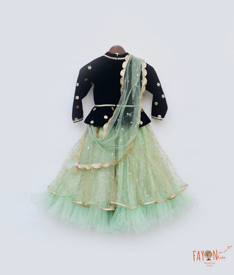 Dark Blue Velvet Green Glitter Net Lehenga with Choli Boti Net Dupatta for Girls