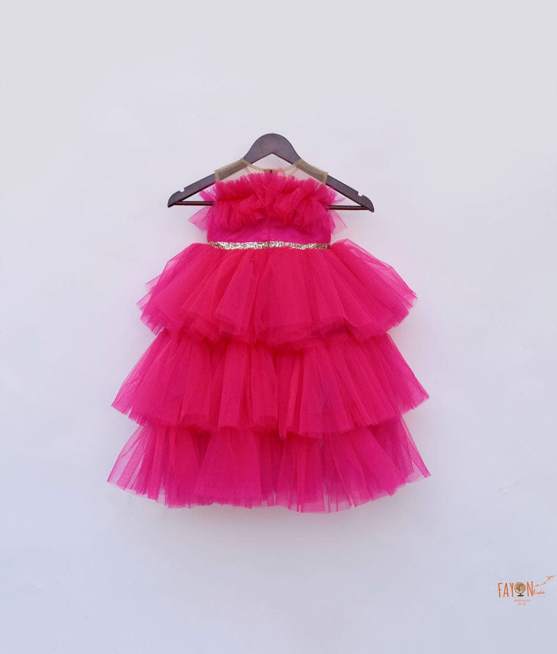 Dark Pink Net High Low Dress for Girls
