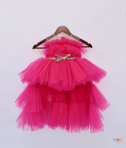 Dark Pink Net High Low Dress for Girls