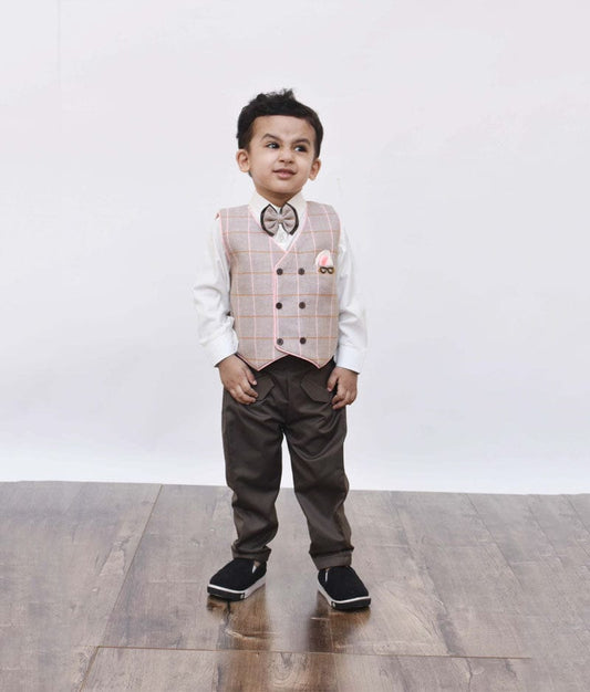 Dusty Brown Check Waist Coat with White Shirt Brown Pant for Boys