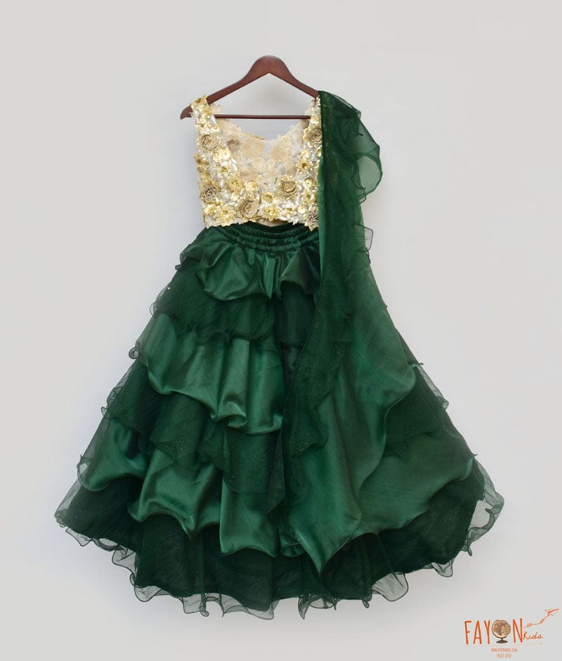 Emerald Green Organza Lehenga with 3D Flowers Choli Organza Dupatta for Girls
