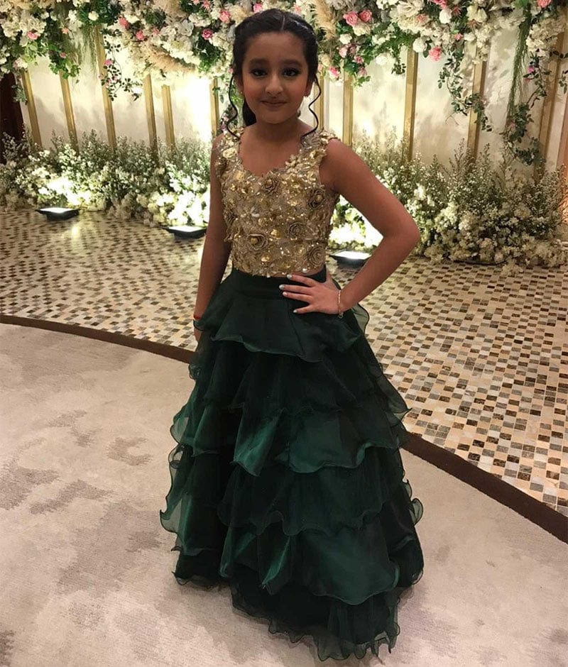 Emerald Green Organza Lehenga with 3D Flowers Choli Organza Dupatta for Girls