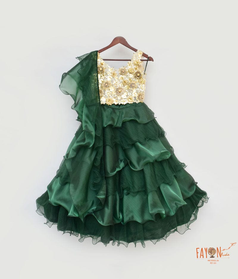 Emerald Green Organza Lehenga with 3D Flowers Choli Organza Dupatta for Girls