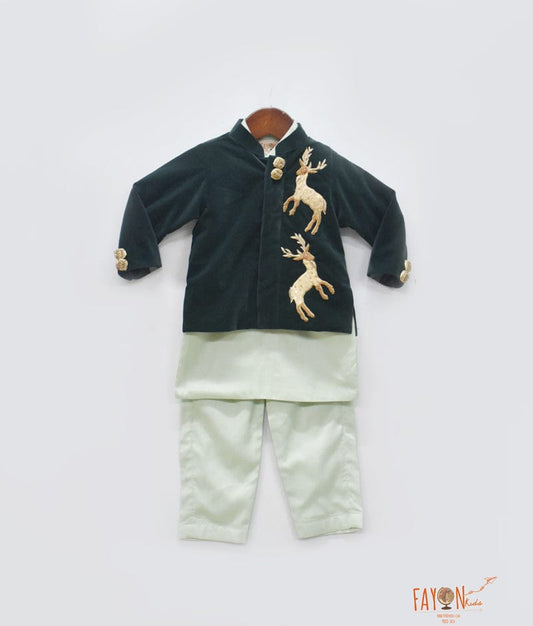 Emerald Green Velvet Jacket with Pista Green Kurta Pant for Boys