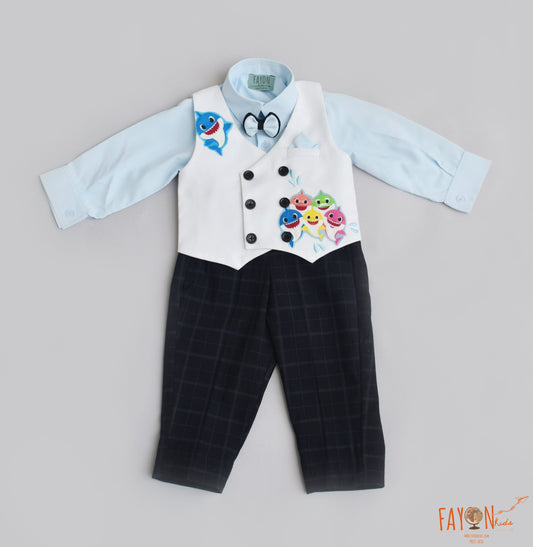 Fish Print Waist Coat with Blue Shirt Black Checks Pant for Boys